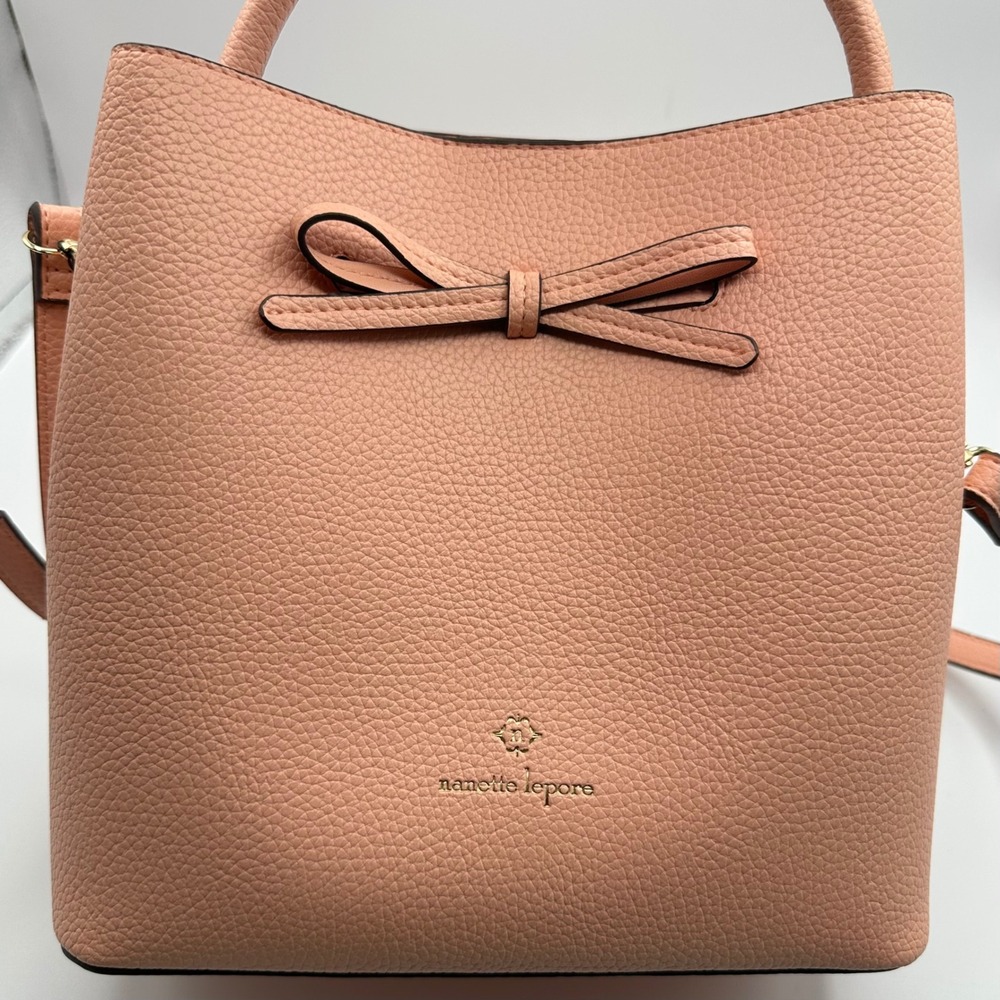 Nanette Lepore Pink Pebble‎ Bow Bucket Bag Crossbody Handbag Preppy Vegan Retro - Picture 9 of 16